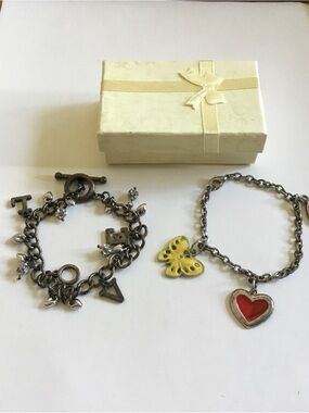 2 Pieces Silver-Tone Charm Bracelet Set with Red Heart & Yellow Butterfly